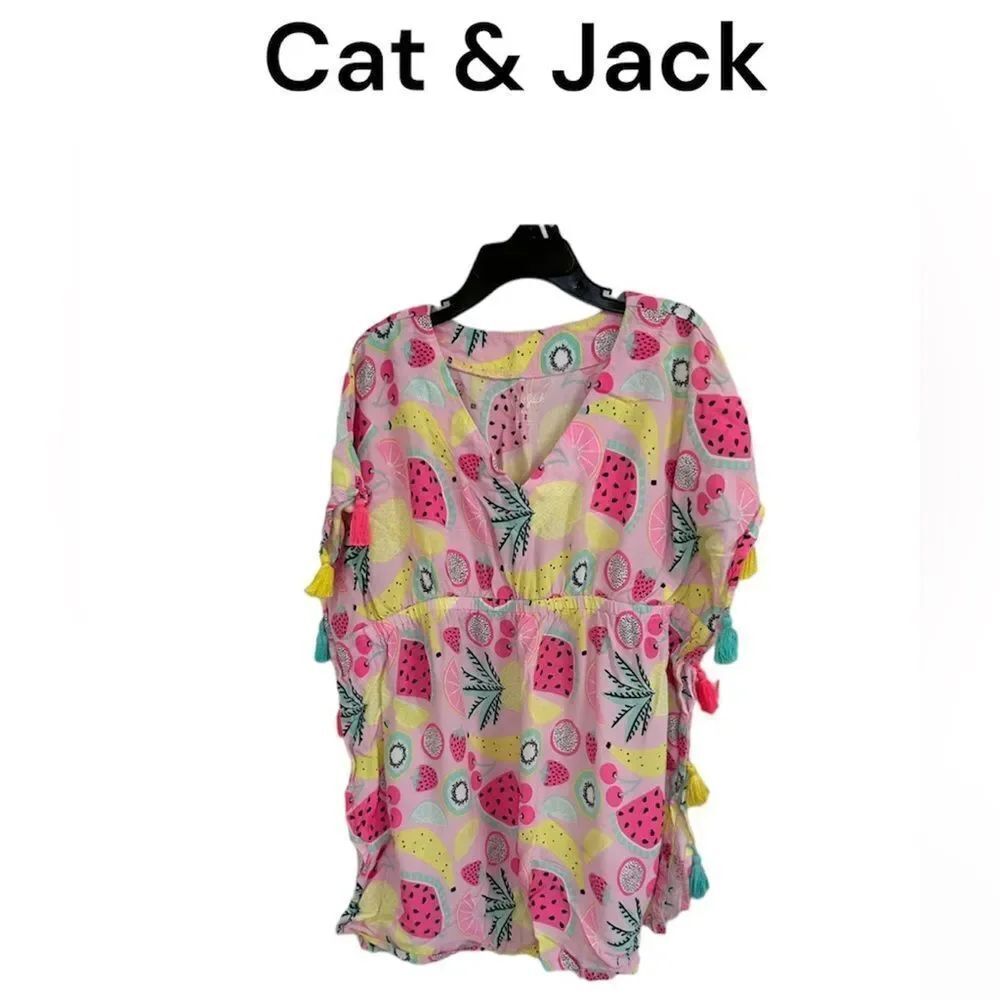 Cat & Jack Pink Fruit Novelty Print Pom Pom Swim Cover Up Dress XS 4/5